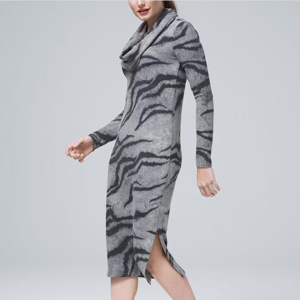 White House Black Market Gray Zebra-Print Cowl Neck Midi Dress